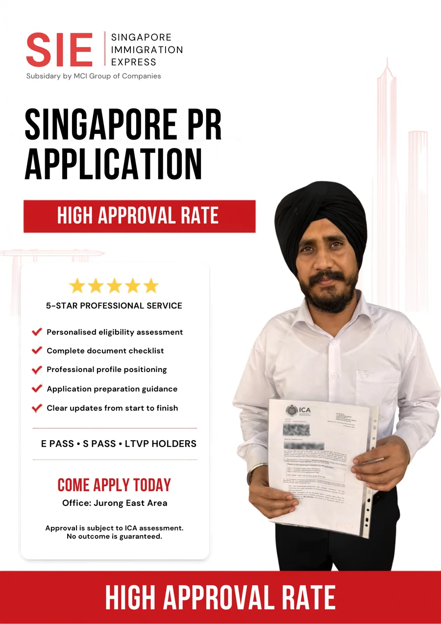 Immigration Express advertisement showing a client holding the ICA letter approving their Permanent Residence application