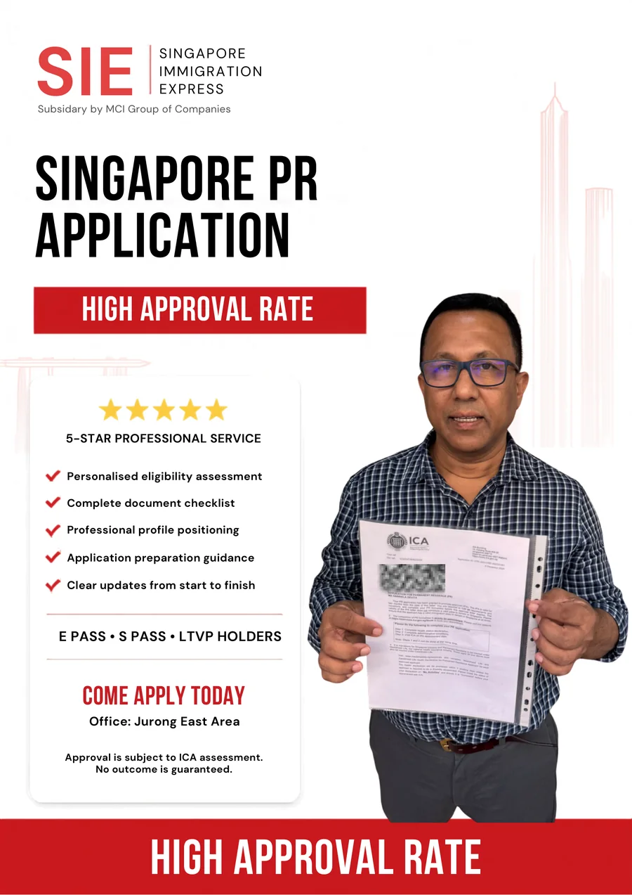 Immigration Express advertisement showing a client holding the ICA letter approving their Permanent Residence application