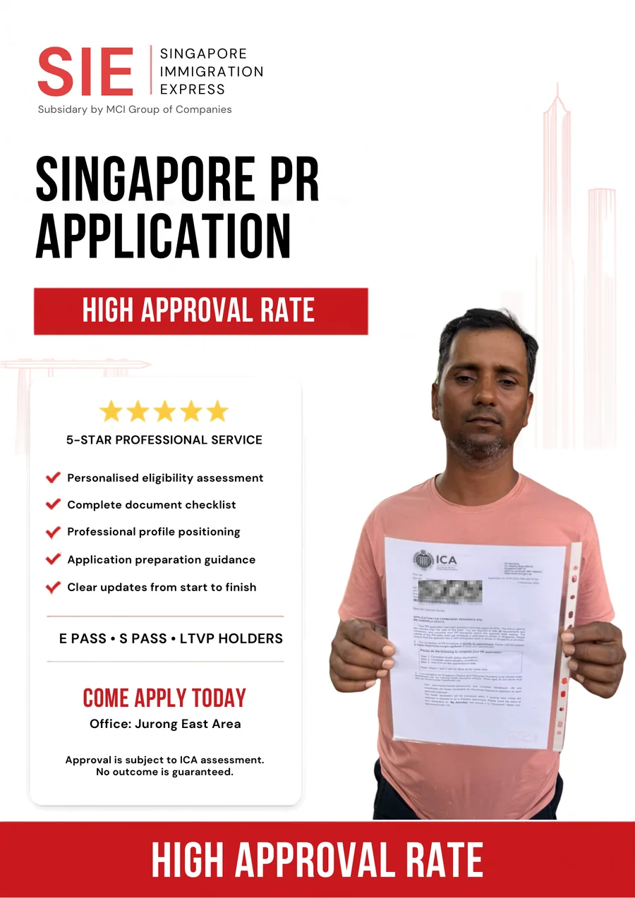 Immigration Express advertisement showing a client holding the ICA letter approving their Permanent Residence application