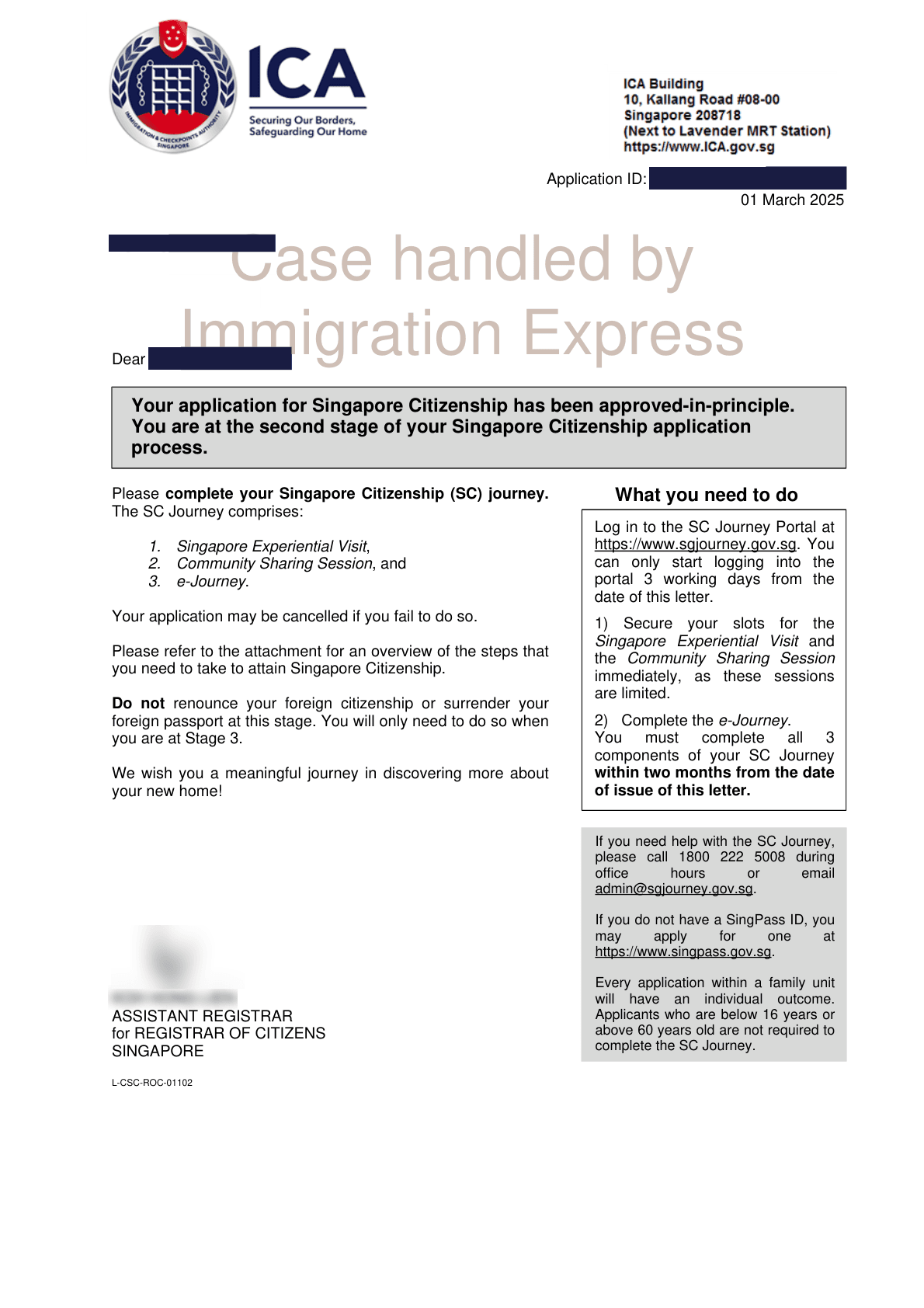ICA letter dated 1 March 2025 approving a Singapore Citizenship application in principle, setting out the Singapore Citizenship Journey the applicant completes next