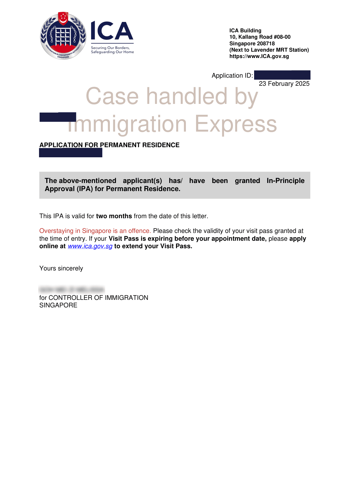 ICA letter dated 23 February 2025 granting in-principle approval of a Permanent Residence application