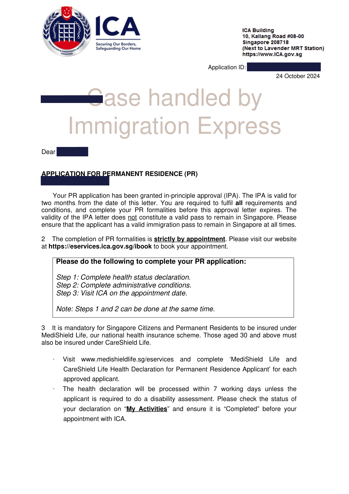 ICA letter dated 24 October 2024 granting in-principle approval of a Permanent Residence application, setting out the formalities left to complete